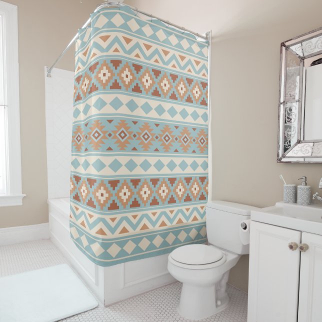 Aztec Essence Ptn IIIb Blue Cream Terracottas Shower Curtain (In Situ)