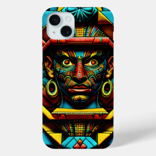 Aztec Face Pattern Blue Red Gold iPhone 15 Mini Case