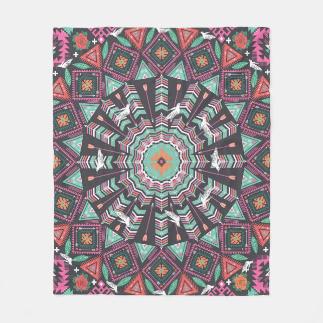 Aztec Geometric: Colourful Circle Pattern Fleece Blanket (Front)