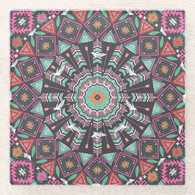 Aztec Geometric: Colourful Circle Pattern Glass Coaster (Front)