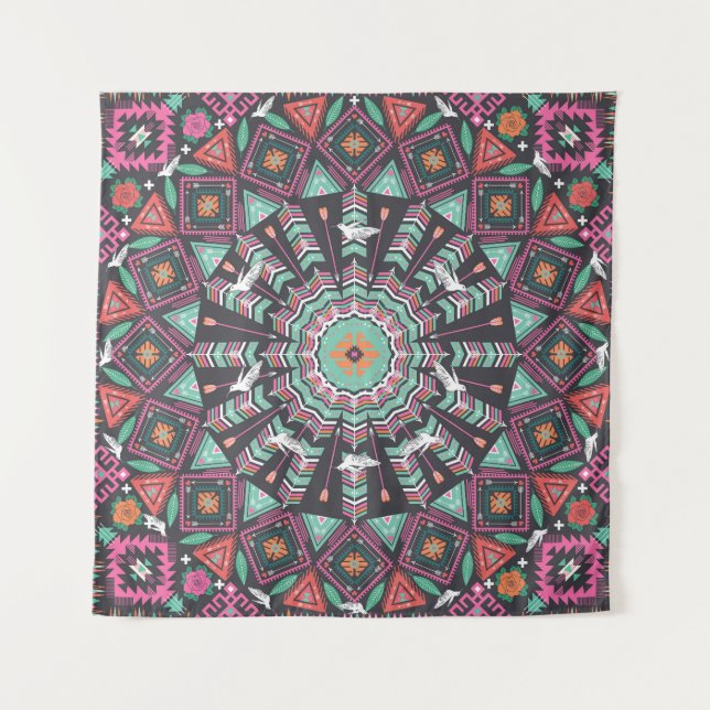 Aztec Geometric: Colourful Circle Pattern Tapestry (Front)