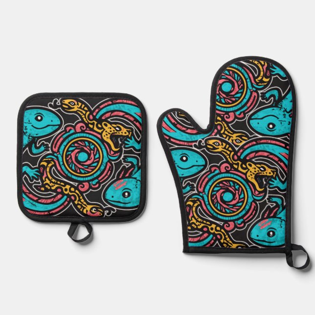 Aztec God Xolotl Fighting Jaguar Battle Tribal Art Oven Mitt & Pot Holder Set (Front)