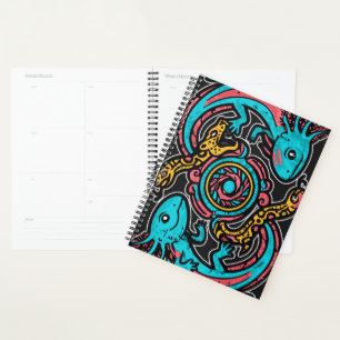 Aztec God Xolotl Fighting Jaguar Battle Tribal Art Planner