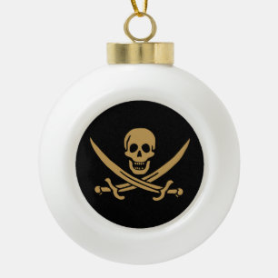 Aztec Gold Skull & Cutlass Pirate Calico Jack Ceramic Ball Christmas Ornament