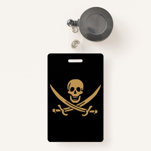 Aztec Gold Skull & Cutlass Pirate Calico Jack ID Badge (Front with Retractable)