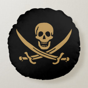 Aztec Gold Skull & Cutlass Pirate Calico Jack Round Cushion
