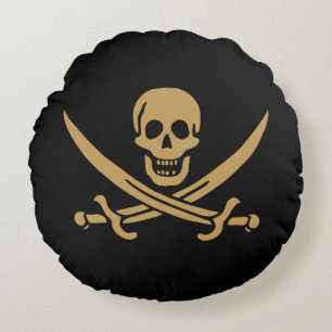 Aztec Gold Skull & Cutlass Pirate Calico Jack Round Cushion