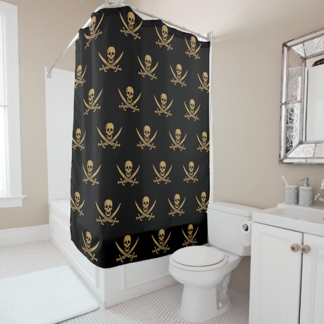 Aztec Gold Skull & Cutlass Pirate Calico Jack Shower Curtain (In Situ)