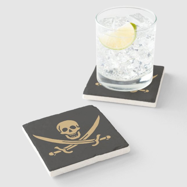 Aztec Gold Skull & Cutlass Pirate Calico Jack Stone Coaster (Side)