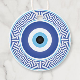 Aztec Greek Circle Key Evil Eye Blue White Favour Tags