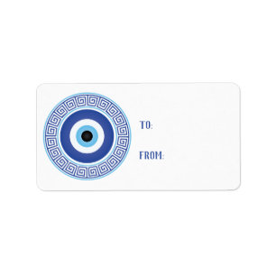 Aztec Greek Circle Key Evil Eye Blue White Label