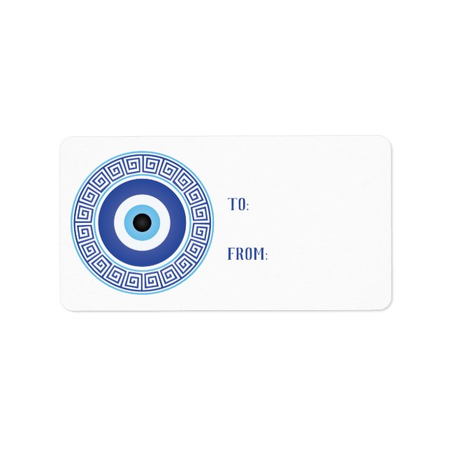 Aztec Greek Circle Key Evil Eye Blue White Label (Front)