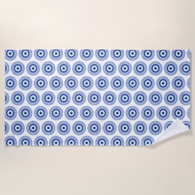 Aztec Greek Circle Key Evil Eye Pattern Blue Beach Towel (Front)