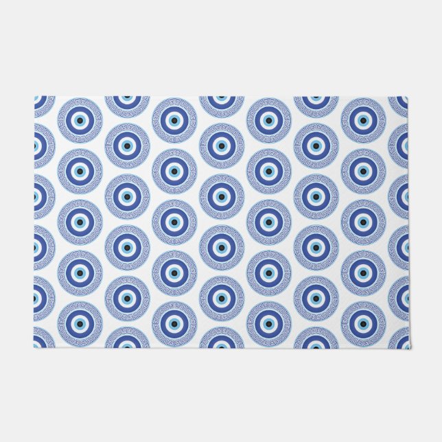 Aztec Greek Circle Key Evil Eye Pattern Blue Doormat (Front)