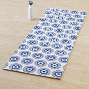 Aztec Greek Circle Key Evil Eye Pattern Blue Yoga Mat
