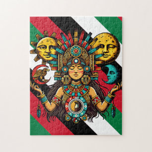 Aztec Indian woMan princess sun moon Folk art Jigsaw Puzzle