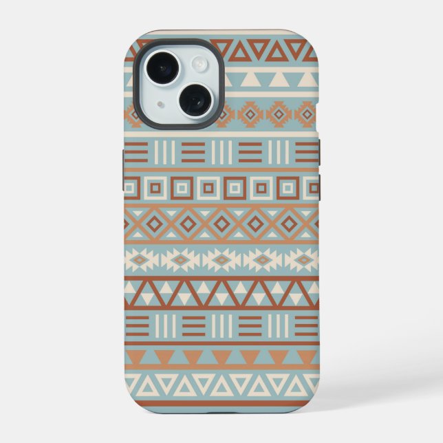 Aztec Influence Pattern Blue Cream Terracottas iPhone 15 Case (Back)