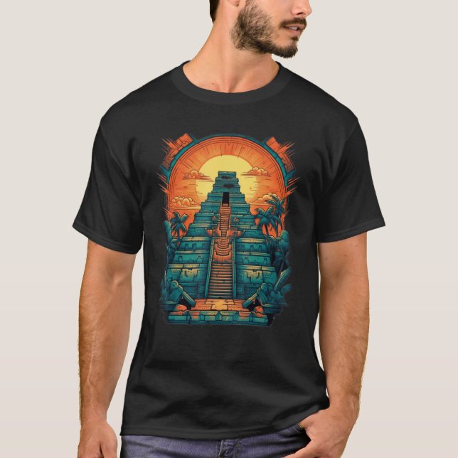 Aztec Inka Maya Mystic Jungle Temple Pyramid Graph T-Shirt (Front)