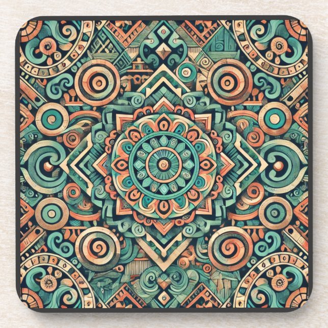Aztec-Inspired Teal and Terracotta Pattern Coaster (Front)
