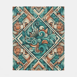 Aztec-Inspired Teal and Terracotta Pattern Fleece Blanket