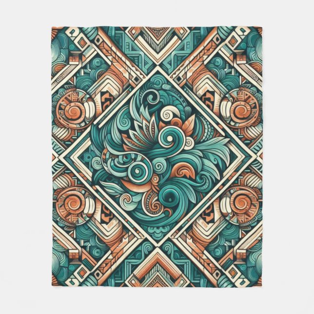 Aztec-Inspired Teal and Terracotta Pattern Fleece Blanket (Front)