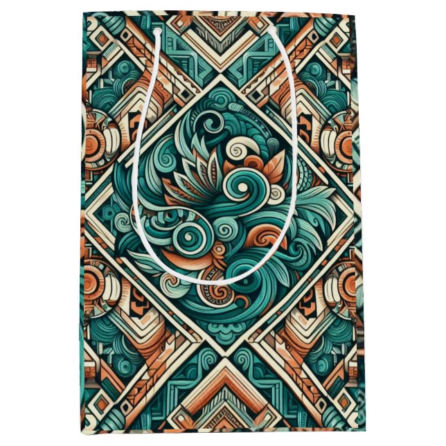 Aztec-Inspired Teal and Terracotta Pattern Medium Gift Bag (Front)