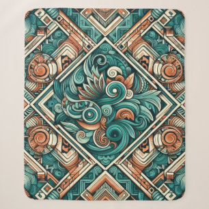 Aztec-Inspired Teal and Terracotta Pattern Sherpa Blanket