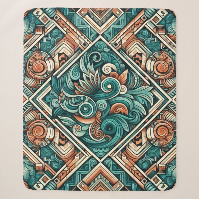 Aztec-Inspired Teal and Terracotta Pattern Sherpa Blanket (Front)