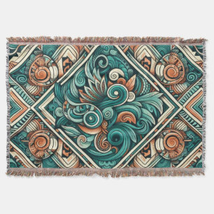Aztec-Inspired Teal and Terracotta Pattern Throw Blanket
