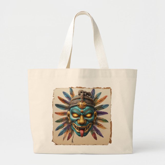 Aztec Jaguar Warrior Mask | Muay Thai Tribal Art Large Tote Bag (Front)