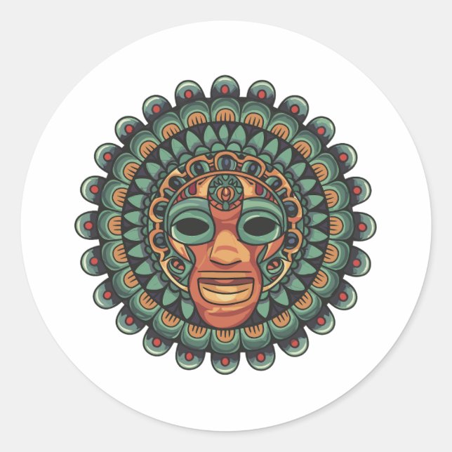 Aztec mask pattern classic round sticker (Front)
