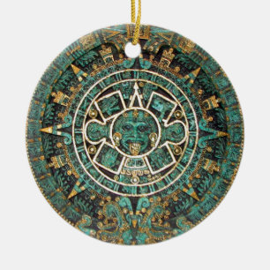 Aztec Mayan Ancient Round Disk Calendar Ceramic Tree Decoration