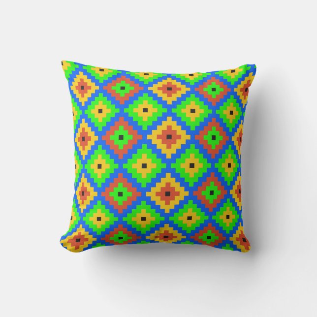 Aztec Mayan Brick Pattern | Green, Blue, Yellow Cushion (Front)