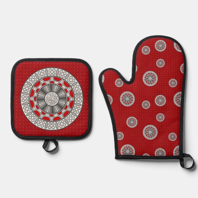Aztec Meets Alien Oven Mitt & Pot Holder Set (Front)