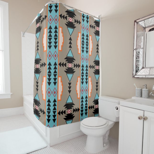 Aztec Mexican Geometric Pattern Shower Curtain (In Situ)