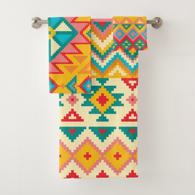 Aztec Mexican Rug Patterns Bath Towel Set (Insitu)