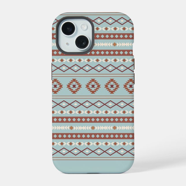 Aztec Mixed Motif Pattern Rusts Cream Blue iPhone 15 Case (Back)