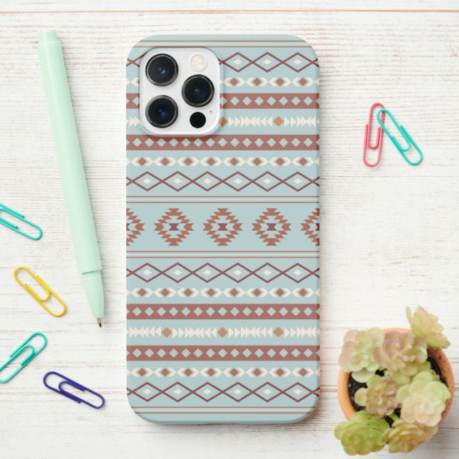 Aztec Mixed Motif Pattern Rusts Cream Blue iPhone Case (On Desk)