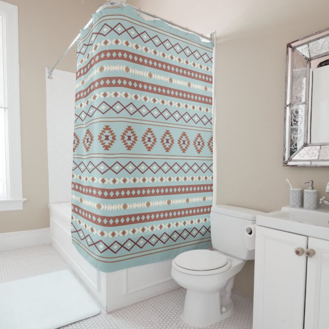 Aztec Mixed Motif Pattern Rusts Cream Blue Shower Curtain (In Situ)