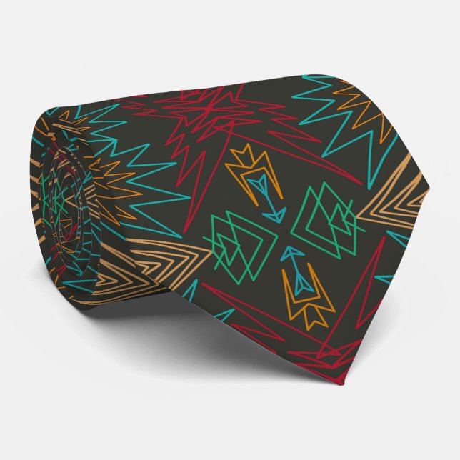 Aztec Native American Geometric Lined Pattern Art Tie (Rolled)