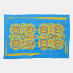 Aztec Pattern Blue Orange Gold Hand Drawn Art  Tea Towel