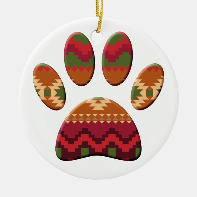 Aztec Pattern Dog Paw Ceramic Tree Decoration (Front)