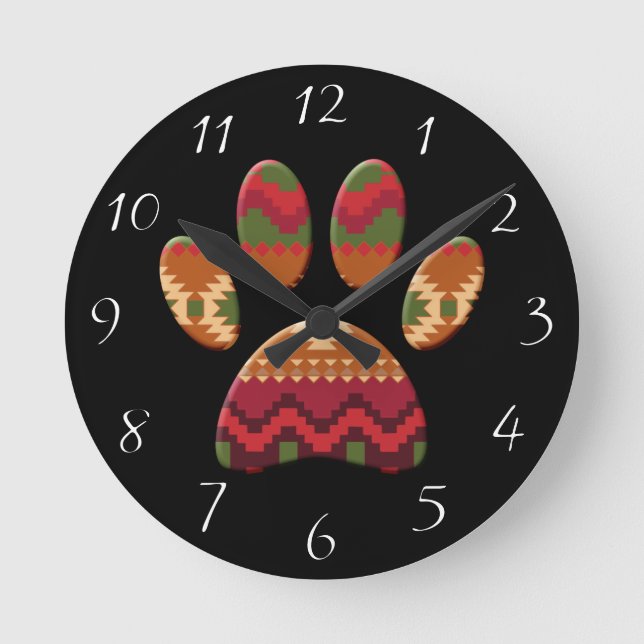 Aztec Pattern Dog Paw Round Clock (Front)