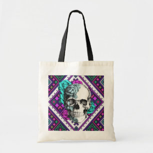 Aztec Rose skull on tribal pixel pattern. Tote Bag