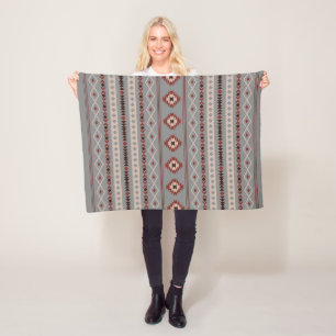 Aztec Rust Cream Brown Grey Mixed Motifs Pattern Fleece Blanket