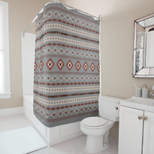 Aztec Rust Cream Brown Grey Mixed Motifs Pattern Shower Curtain