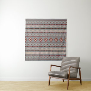 Aztec Rust Cream Brown Grey Mixed Motifs Pattern Tapestry