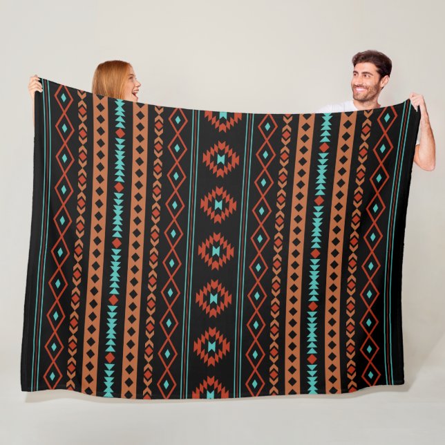 Aztec Rusts Teal Black Mixed Motifs Pattern Fleece Blanket (In Situ)