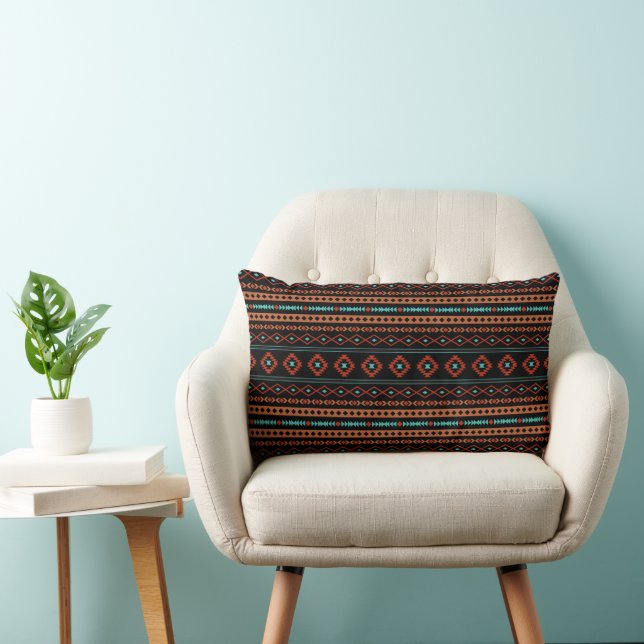 Aztec Rusts Teal Black Mixed Motifs Pattern Lumbar Cushion (Chair)