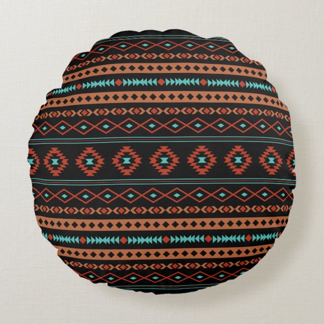 Aztec Rusts Teal Black Mixed Motifs Pattern Round Cushion (Front)